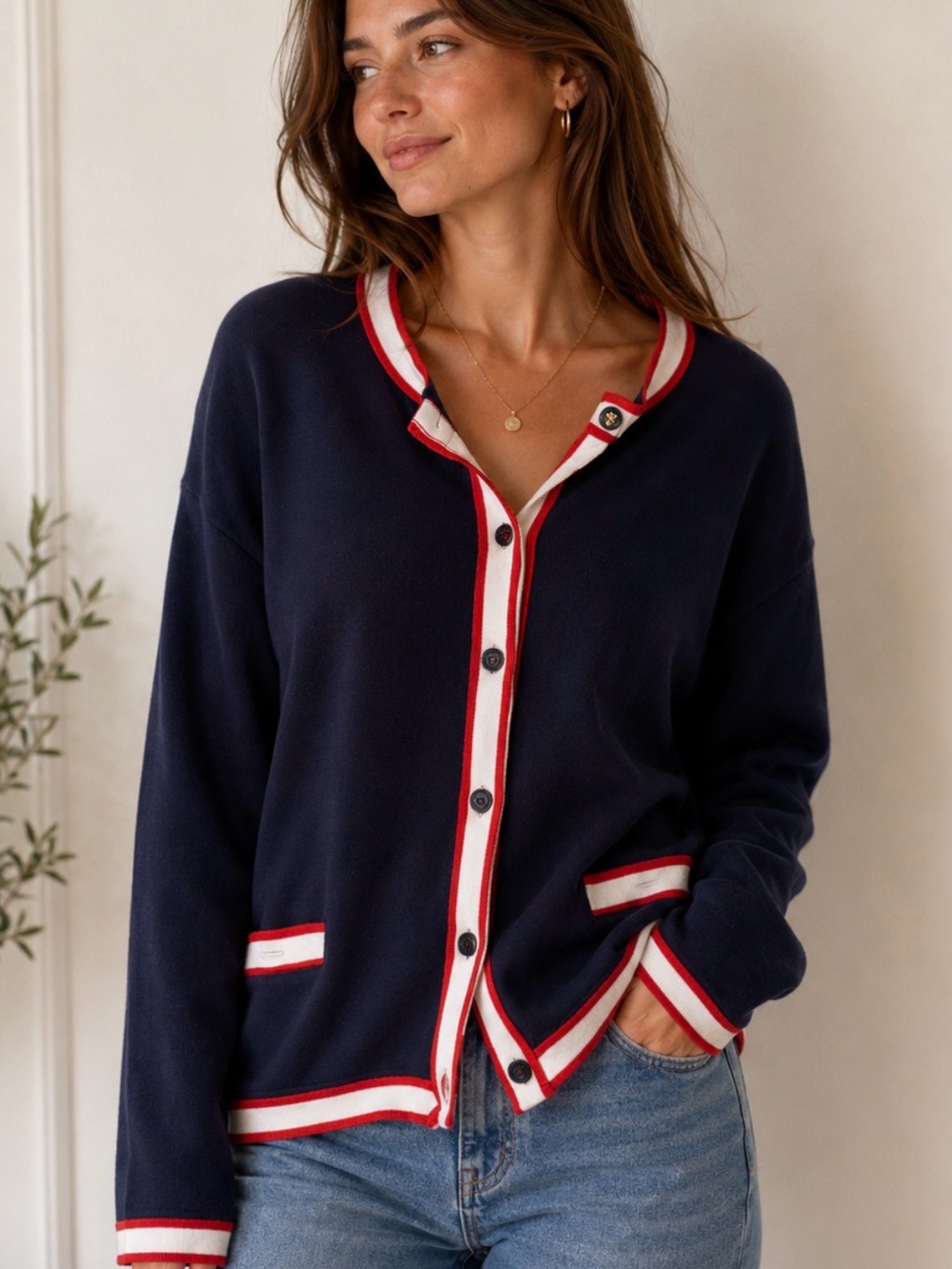 Asphalt Yacht Club Navy Blue Cardigan with Red & White Trim